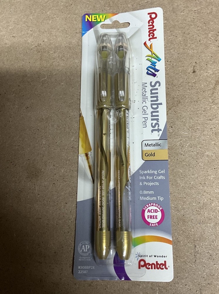 Pentel Sunburst Metallic Gel K908BP2X Gold Gel Ink Pens, Pack of 2