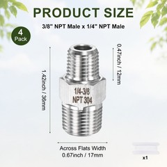 4-Pack 304 Stainless Steel 3/8″ NPT Male x 1/4″ NPT Male Hex Nipple Pipe Fitting