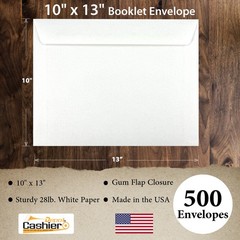 Cashier Depot 10″ x 13″ Booklet Envelopes, Sturdy 28lb. White, Gum Flap, 500/Box
