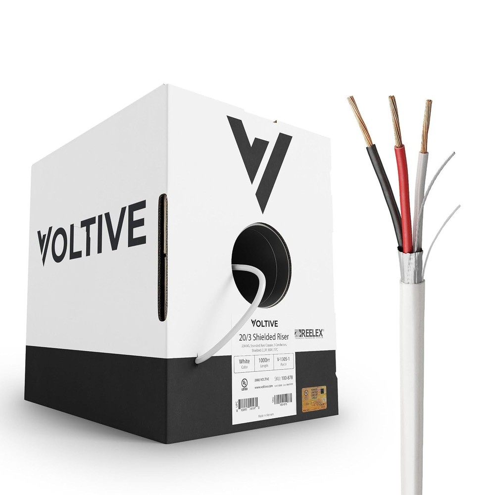 Voltive 20/3 Shielded Low Voltage Wire, Riser CL3R, White, 1000Ft – 20AWG, 3 Con