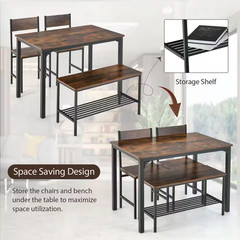 4-Piece Dining Table Set Rustic Desk 2 Chairs and Bench with Storage Rack Brown