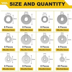 304 Stainless Steel Flat Washers,108Pcs Fender Washers Assortment Kit 12 Sizes