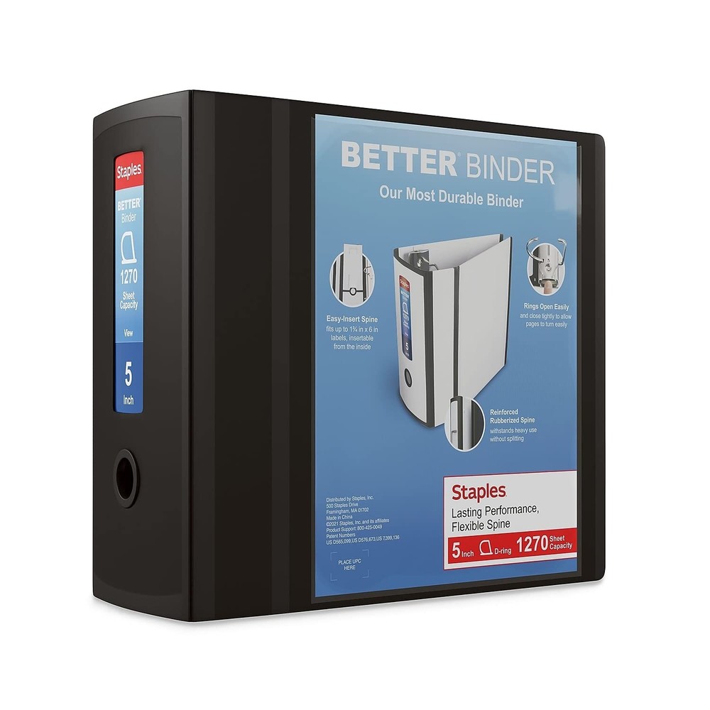 5 Inch Black Storage Binder with Three D Rings for Letter Size Papers