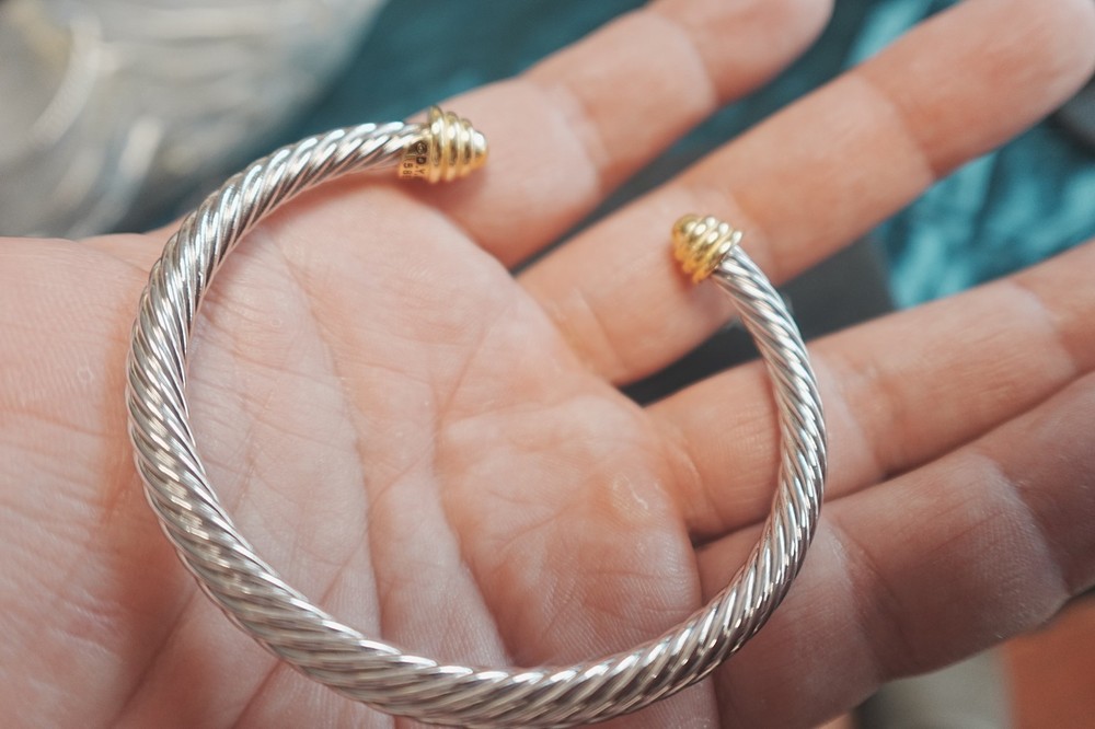 Gift.DavidYurman4mm.Classic Cable.Sterling Silver BraceIet&18k Gold Dome BangIe
