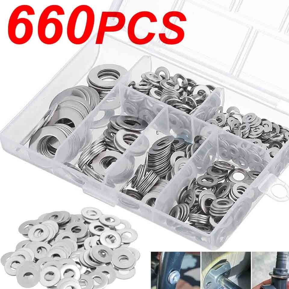 660 Pieces of 304 Stainless Steel Washers Flat Washer Assortment Set Kit 6 Sizes