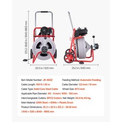 VEVOR Drain Cleaner Machine 100FT x 1/2 Inch Auto Feed with Wheels & 8 Cutters