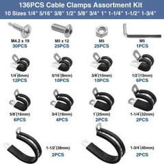 136PCS Cable Clamps Assortment Kit,10 Sizes 304 Stainless Steel Rubber Cushion