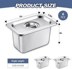 6 Pack Stainless Steam Hotel Pan with Lid, 1/9 Size x 4 Inch Deep Steam Table Pa