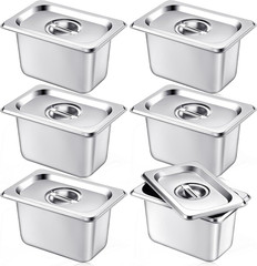 6 Pack Stainless Steam Hotel Pan with Lid, 1/9 Size x 4 Inch Deep Steam Table Pa