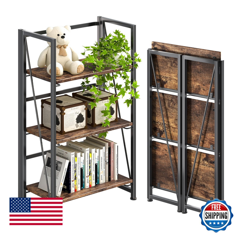 4Nm No Assembly Folding Bookshelf Storage Shelves 3 Tiers Vintage Bookcase