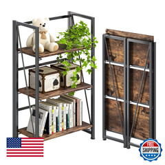 4Nm No Assembly Folding Bookshelf Storage Shelves 3 Tiers Vintage Bookcase