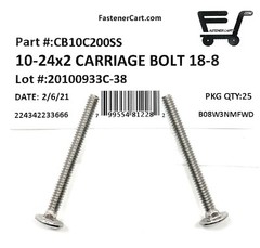 (25) 10-24×2 Carriage Bolts Stainless Steel 18-8 (25 PCS) Fast Free Shipping