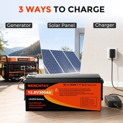 WERCHTAY 12V 300Ah LiFePO4 Battery Deep Cycles 3840Wh 200A BMS for RV Solar Boat