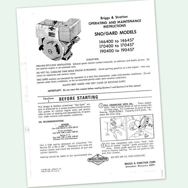 Briggs And Stratton 8Hp Engine 190400 To 190457 Operating Manual Operators