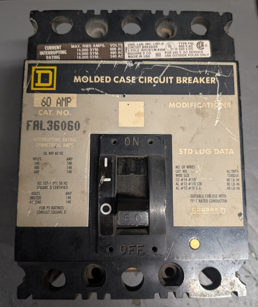 SQUARE D FAL36060 60AMP 600VDC 3-POLE THERMAL-MAGNETIC CIRCUIT BREAKER