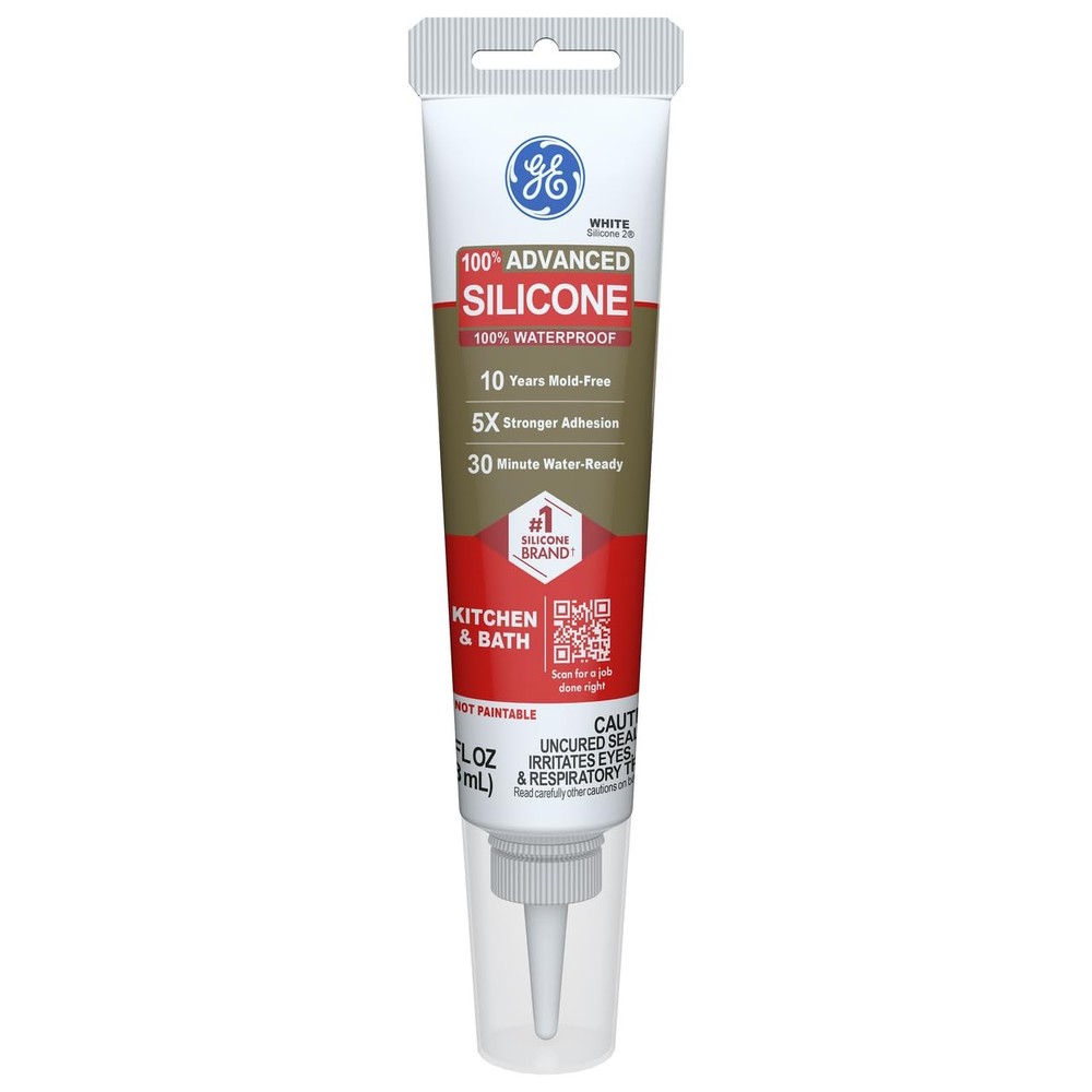 GE Advanced Silicone Caulk for Kitchen & Bathroom White 2.8 fl oz Tube 1 Pack