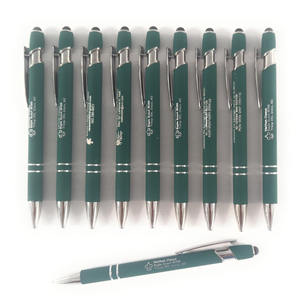 10ct Lot Misprint Metal Retractable Alpha Soft Touch Stylus Pens: FORREST GREEN