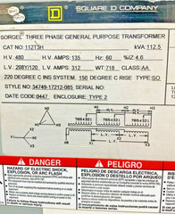 Square D 112.5kVA 480V Type 2 Transformer 3PH 60HZ 208Y/120V 112T3H 🟦