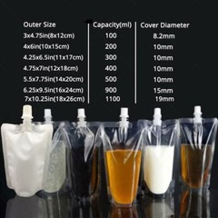 Multi-Size & Color Glossy Mylar Stand up Drinking Pouches w/ Spout & Funnel