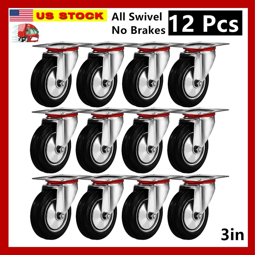 12 Pack 3″ Swivel Caster Wheels Rubber Base With Top Plate & Bearing Heavy Duty