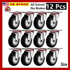 12 Pack 3″ Swivel Caster Wheels Rubber Base With Top Plate & Bearing Heavy Duty