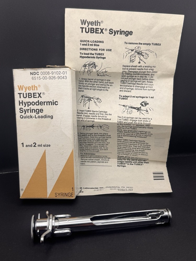 Wyeth Tubex Hypodermic Syringe (No Needle) Opened Box 1&2 Ml Size W/Box & Manual