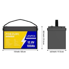 POERUNI 12V 100Ah Lithium LiFePO4 Battery 8000+ Deep Cycle for Solar RV Marine