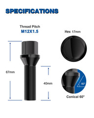 Extended 12×1.5 Lug Bolts for BMW E-Series, 20pcs, 40mm Shank, Black