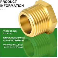 5 Pieces Hex Bushing Brass Reducer 1/2″ to 1/4″ NPT Pipe Fitting Male Female