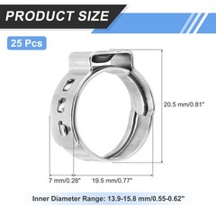 25Pcs 13.9-15.8mm Single Ear Hose Clamps 304 Stainless Steel Stepless Silver,