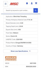 Emuge M5x0.8 Spiral Flute Modified Bottoming Tap Cobalt 3FL 6H B0503200.0050