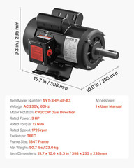 3 HP Electric Motor 1750 RPM, Single Phase 230V, 1.125in Shaft, 184T Frame