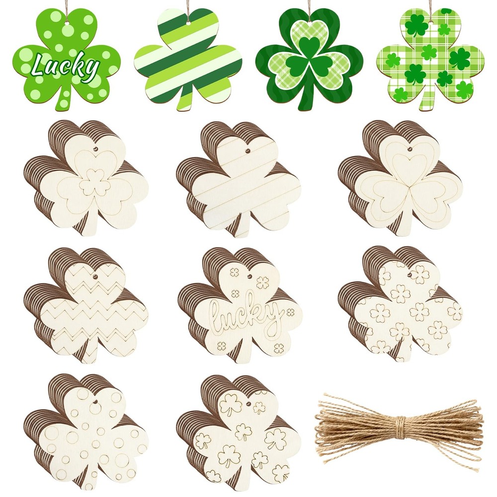 80PCS Wooden Shamrock Ornaments to Paint St. Up 3.15 inches, Shamrock02
