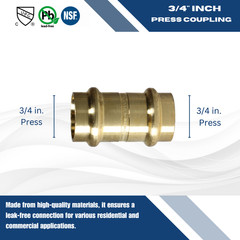 25 Pieces 3/4″ Press Coupling, Press Fit, Lead Free Brass
