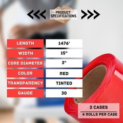 8 Rolls Red 15″x1476′ Pre Stretch Hand Packing and Moving Shrink Wrap Film 30 Ga