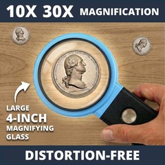 VisionAid 30X 10X Hands-Free Magnifying Glass with Stand, LED Lights, Loupe Hand