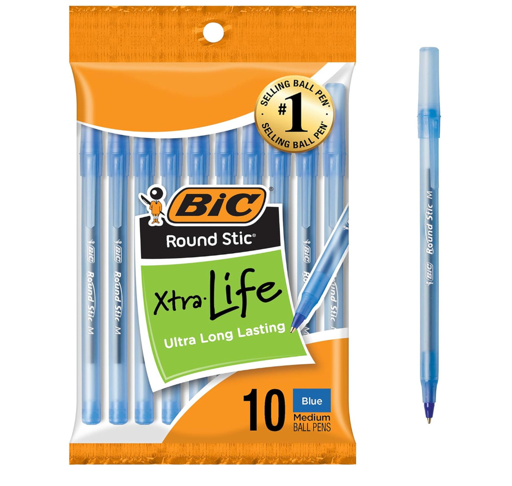 Round Stic Xtra Life Blue Ballpoint Pens, 10-Count Pack, 1.0mm | Medium Point
