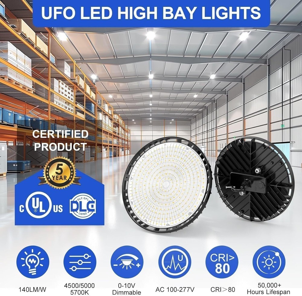 120V US Plug 150W LED High Bay Light Fixture Warehouse Garage 4500K/5000K/5700K
