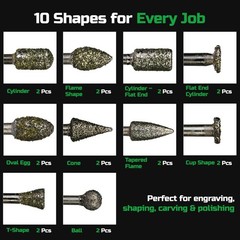 Staten Tools 20Pcs 46-Grit Diamond Burr Bits, 1/8″ Shank – Compatible