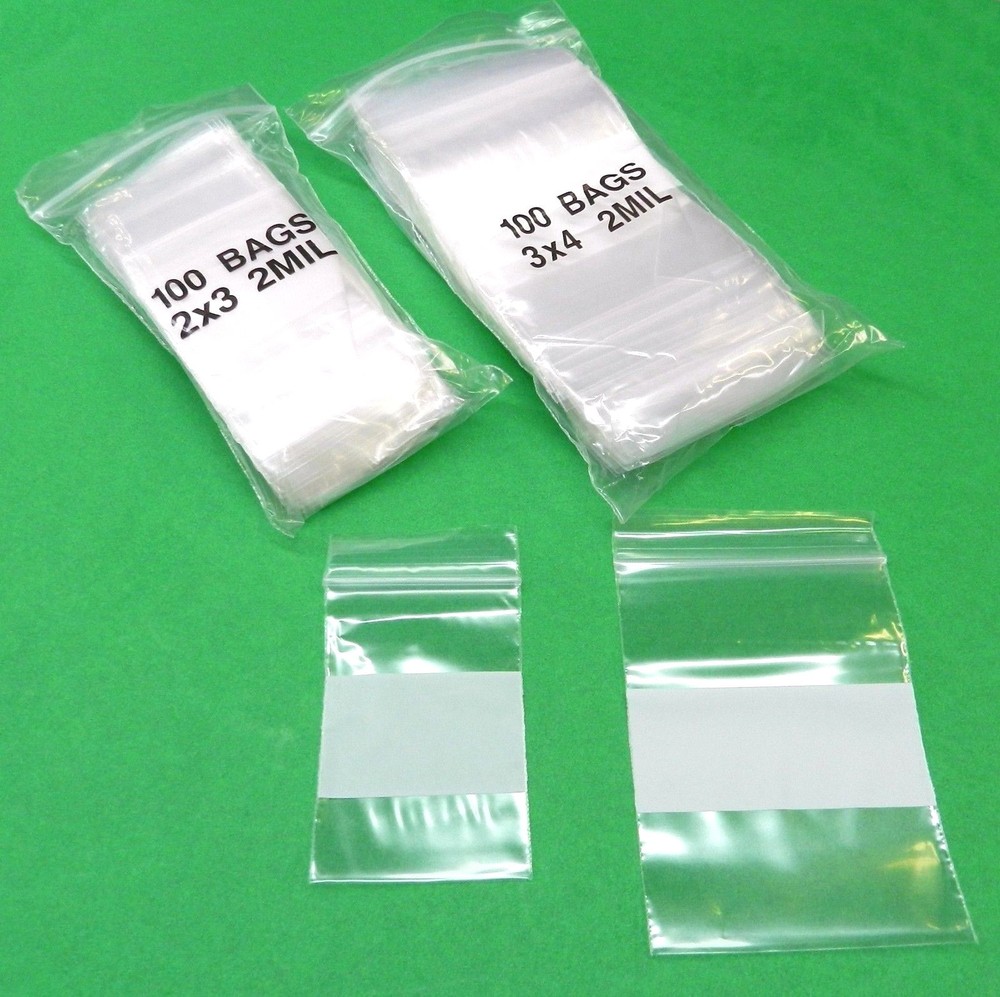 200 Bags 2mil White Block 2 sizes 2×3 & 3×4 Small Size Baggies Reclosable 2 Mil