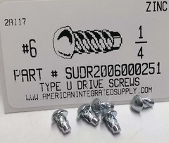 #6×1/4 Round Head U-Drive Screws Steel Zinc Plated (50)