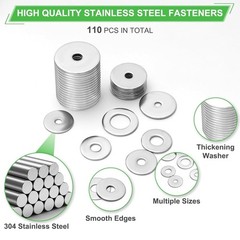 108Pcs 304 Stainless Steel Flat Washers, Fender Washers Assortment Kit 12 Sizes
