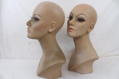 2 Vintage Fiberglass Mannequin Head Wig Painted Eyes Halloween Bust White