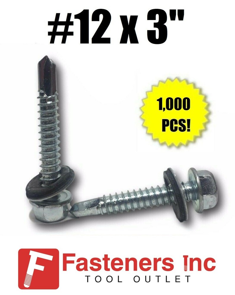 (1000) Hex Rubber Washer Head #12 x 3″ Self-Drilling Roofing Siding Screw ZINC