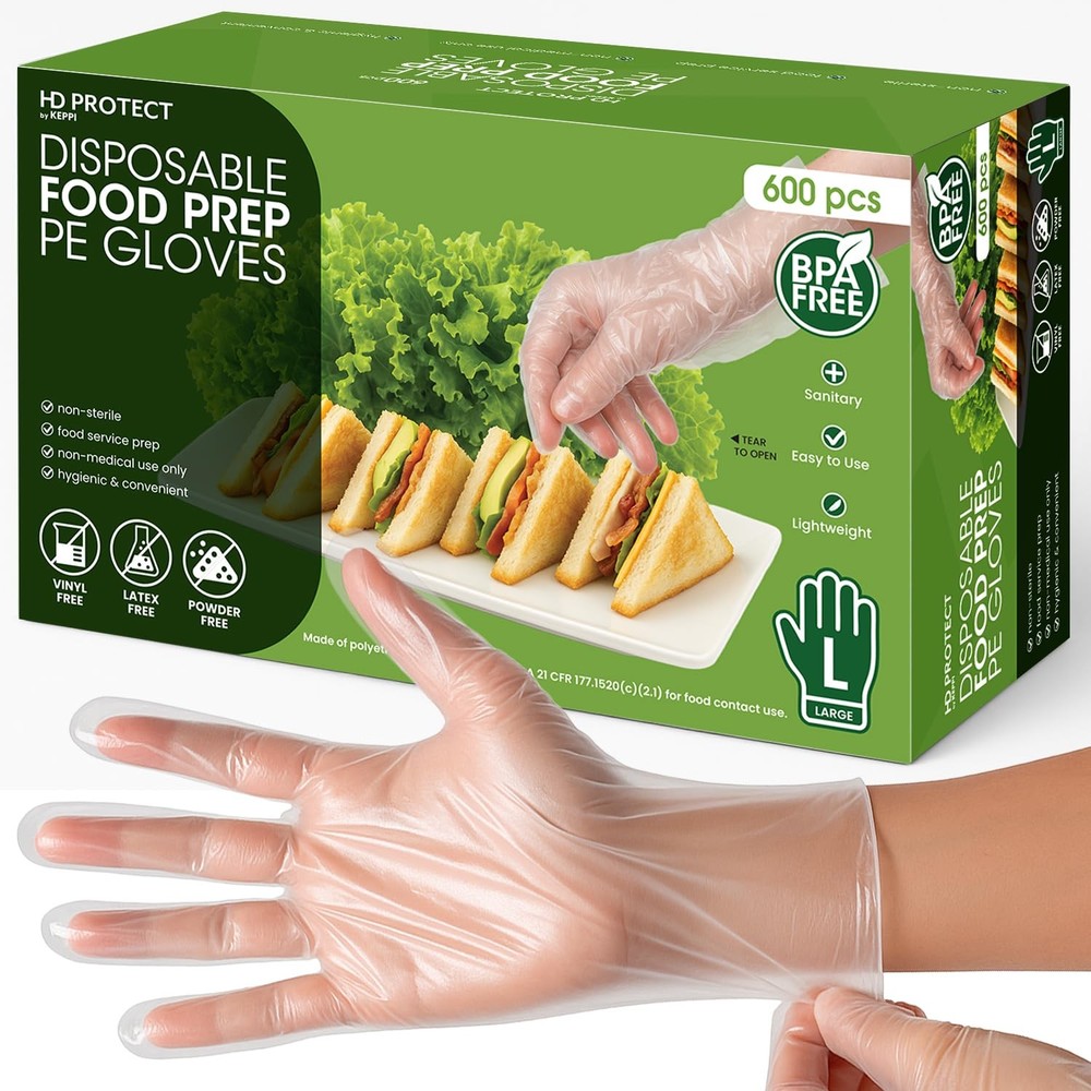 HD PROTECT Disposable Plastic Gloves 600 Pack (Large) – Food Safe, BPA & Late…