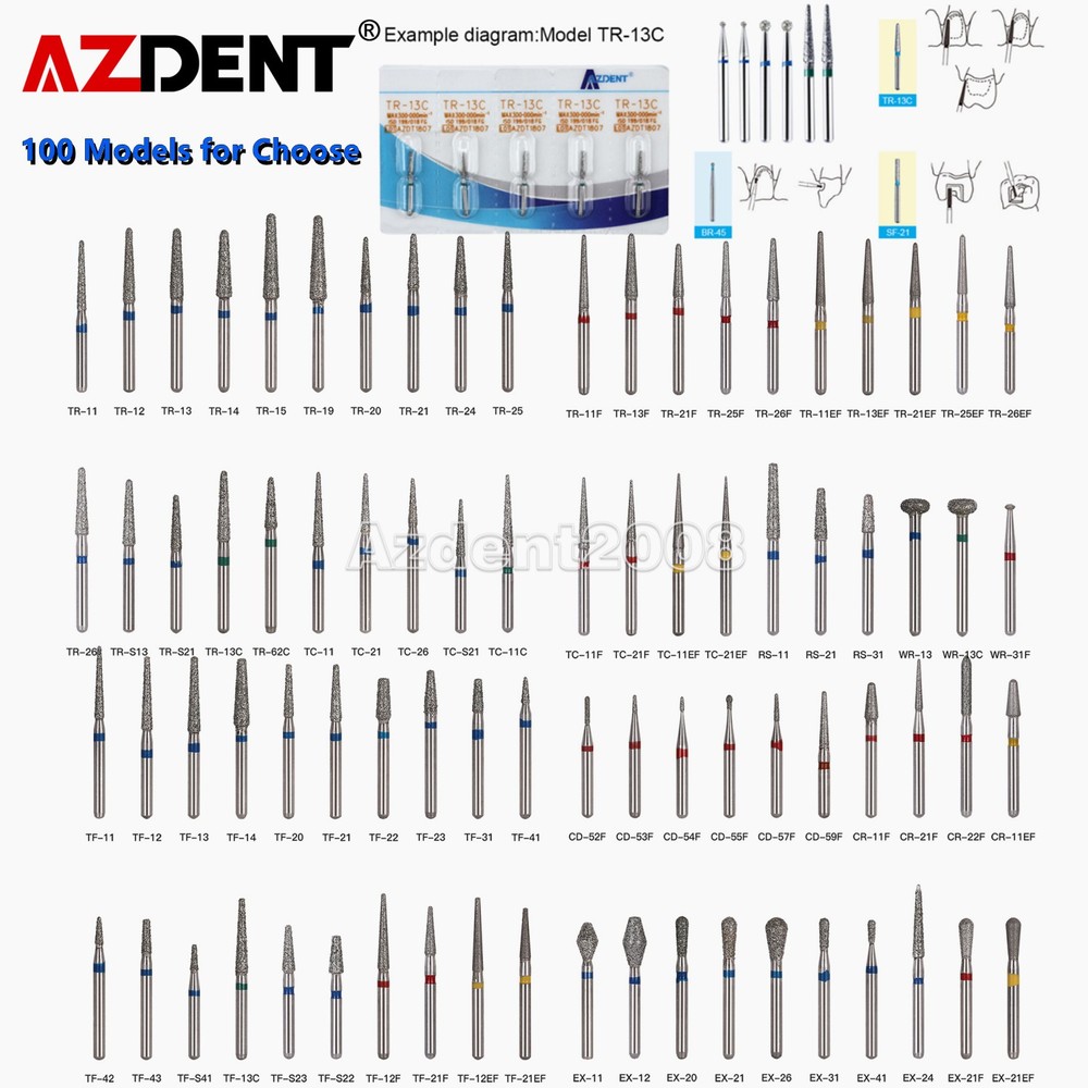 100pcs Dental Diamond Burs Friction Grip 1.6mm for High Speed Handpiece AZDENT