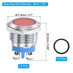 5pcs 16mm 5/8″ Metal Indicator Light Waterproof IP67 12V AC/DC Red
