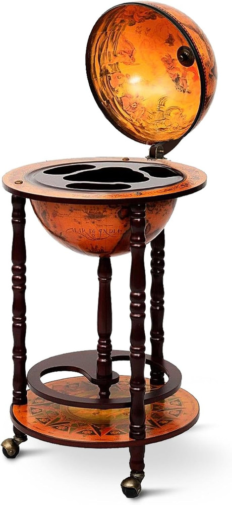 Mid-Century Retro Globe Bar Cart with Wheels & Antique World Map Design