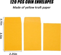 120 Pack Of #1 Small Coin Envelopes 2.25 x 3.5 with Gummed Flap Yellow