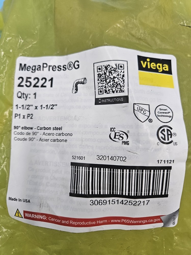 Viega MegaPress 25221 MegaPressG 90 Elbow Carbon Steel 1-1/2″ x 1-1/2″